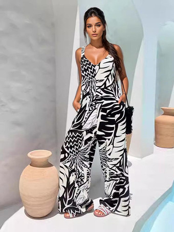 ブラック トロピカルプリントのジャンプスーツ ノースリーブ ワイドレッグ 夏用 2025年女性用