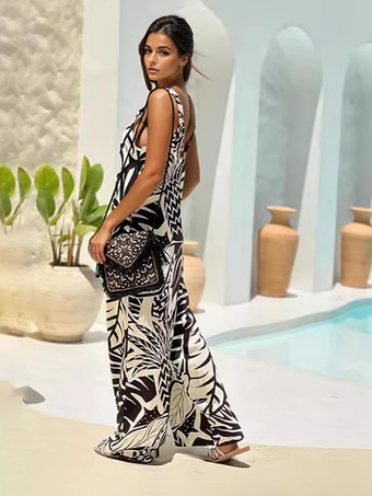 トロピカルプリントのジャンプスーツ ノースリーブ ワイドレッグ 夏用 2025年女性用