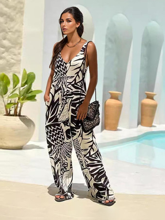 トロピカルプリントのジャンプスーツ ノースリーブ ワイドレッグ 夏用 2025年女性用