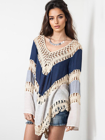 ブルー ボヘミアントップス 長袖 イレギュラーヘム ビーチカバーアップ レディース 2025