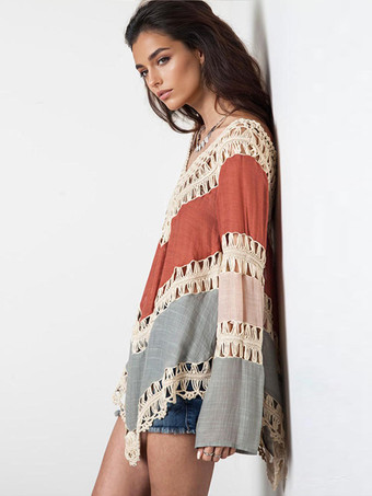 ボヘミアントップス 長袖 イレギュラーヘム ビーチカバーアップ レディース 2025