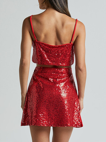 スパンコールのツーピースコーデセット クロップトップとミニスカート 誕生日パーティー衣装 レディース 2025