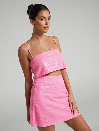 ピンクスパンコールのツーピースコーデセット クロップトップとミニスカート 誕生日パーティー衣装 レディース 2025