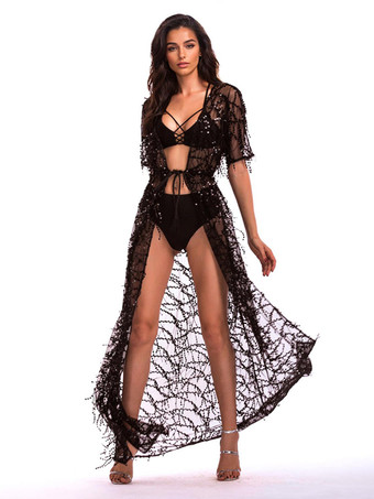 スパンコール カバーアップ ハーフスリーブ セクシー シアー ビーチウェア レディース 2025