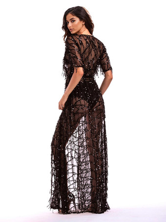 スパンコール カバーアップ ハーフスリーブ セクシー シアー ビーチウェア レディース 2025