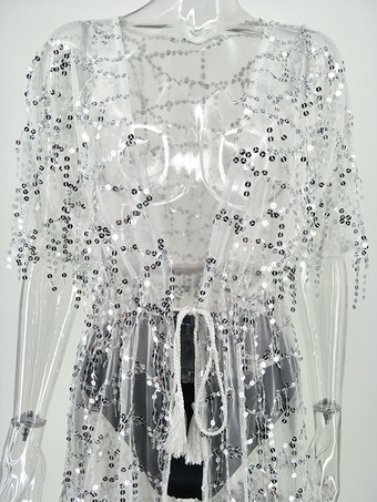 スパンコール カバーアップ ハーフスリーブ セクシー シアー ビーチウェア レディース 2025