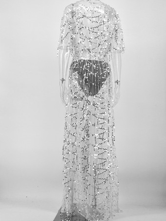 スパンコール カバーアップ ハーフスリーブ セクシー シアー ビーチウェア レディース 2025