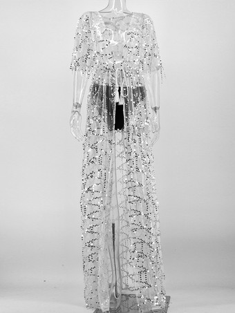 スパンコール カバーアップ ハーフスリーブ セクシー シアー ビーチウェア レディース 2025