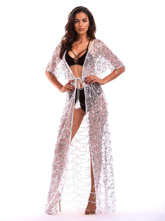 スパンコール カバーアップ ハーフスリーブ セクシー シアー ビーチウェア レディース 2025