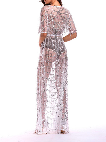 スパンコール カバーアップ ハーフスリーブ セクシー シアー ビーチウェア レディース 2025