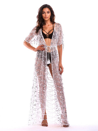 ホワイト スパンコール カバーアップ ハーフスリーブ セクシー シアー ビーチウェア レディース 2025