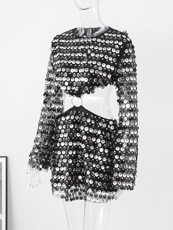 スパンコールミニドレス ベルスリーブ Oリングカットアウトウエスト パーティードレス レディース 2025