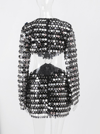 スパンコールミニドレス ベルスリーブ Oリングカットアウトウエスト パーティードレス レディース 2025