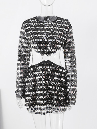 スパンコールミニドレス ベルスリーブ Oリングカットアウトウエスト パーティードレス レディース 2025