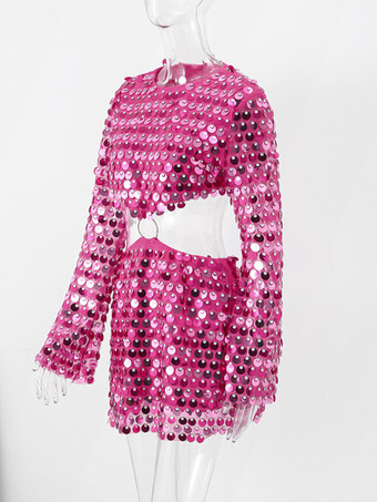 スパンコールミニドレス ベルスリーブ Oリングカットアウトウエスト パーティードレス レディース 2025