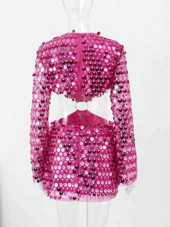 スパンコールミニドレス ベルスリーブ Oリングカットアウトウエスト パーティードレス レディース 2025