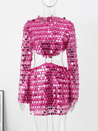 スパンコールミニドレス ベルスリーブ Oリングカットアウトウエスト パーティードレス レディース 2025