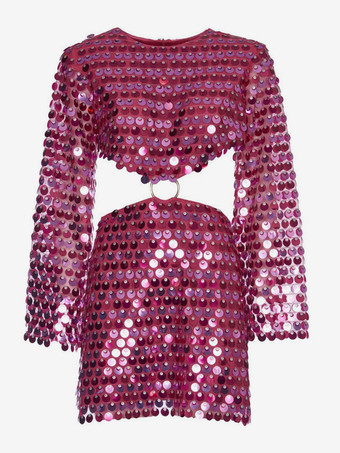 スパンコールミニドレス ベルスリーブ Oリングカットアウトウエスト パーティードレス レディース 2025