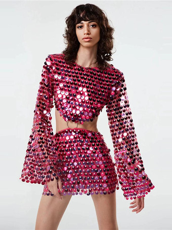 ローズレッドスパンコールミニドレス ベルスリーブ Oリングカットアウトウエスト パーティードレス レディース 2025