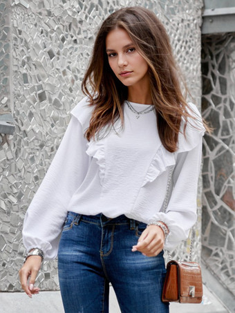ホワイト フリルブラウス 春 リラックスフィット 長袖トップス レディース 2025
