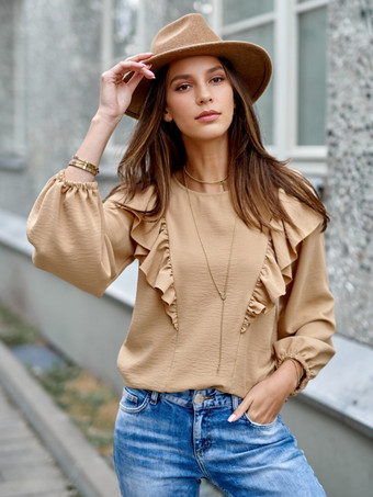 カーキ フリルブラウス 春 リラックスフィット 長袖トップス レディース 2025