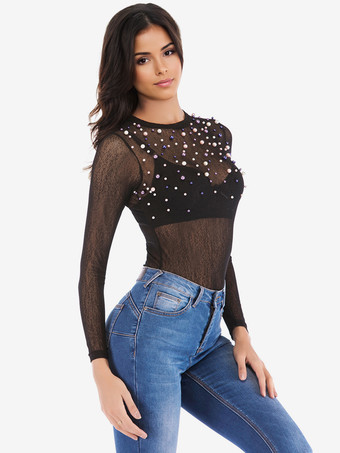 パール装飾ボディスーツ 長袖 シアートップ レディース 2025