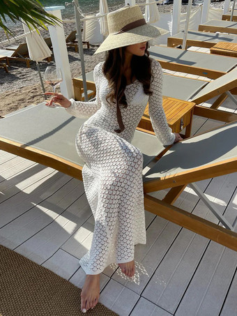 長袖カバーアップ 夏用 中空ロングドレス レディース 2025