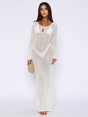 長袖カバーアップ 夏用 中空ロングドレス レディース 2025