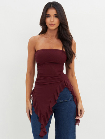 ワインレッド バーガンディ チューブトップ アシンメトリー フリル ヘム セクシー クラブウェア レディース 2025