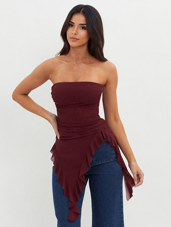 バーガンディ チューブトップ アシンメトリー フリル ヘム セクシー クラブウェア レディース 2025