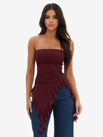 バーガンディ チューブトップ アシンメトリー フリル ヘム セクシー クラブウェア レディース 2025