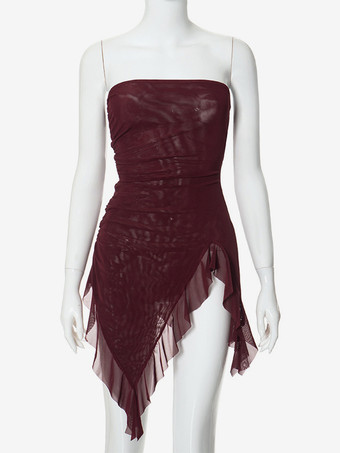 バーガンディ チューブトップ アシンメトリー フリル ヘム セクシー クラブウェア レディース 2025