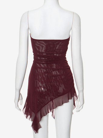 バーガンディ チューブトップ アシンメトリー フリル ヘム セクシー クラブウェア レディース 2025