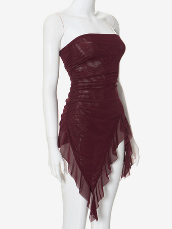 バーガンディ チューブトップ アシンメトリー フリル ヘム セクシー クラブウェア レディース 2025