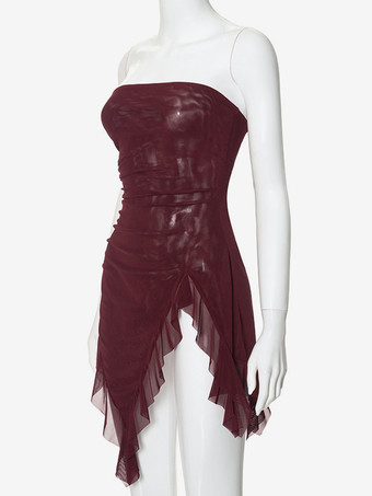 バーガンディ チューブトップ アシンメトリー フリル ヘム セクシー クラブウェア レディース 2025