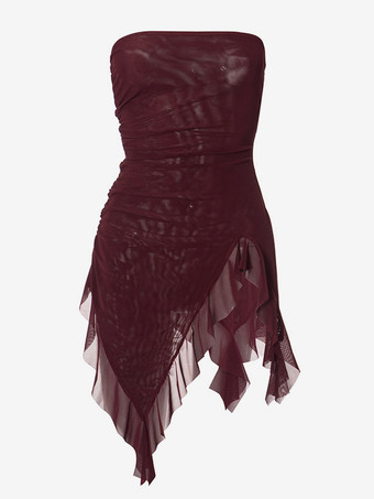 バーガンディ チューブトップ アシンメトリー フリル ヘム セクシー クラブウェア レディース 2025