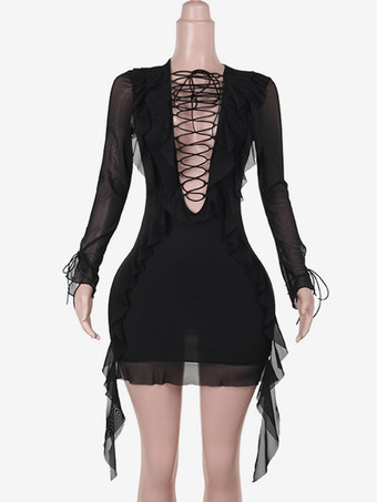ブラック ミニドレス フロント レースアップ ロングスリーブ セクシー ボディコンドレス レディース 2025