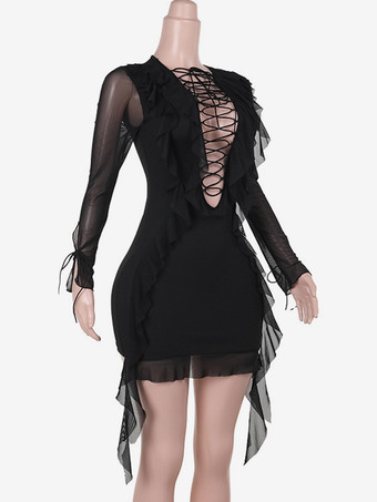 ブラック ミニドレス フロント レースアップ ロングスリーブ セクシー ボディコンドレス レディース 2025