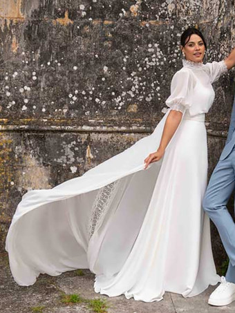 シンプルなウェディングドレス ボールガウン ジュエルネック 半袖 フリル 30cm ブライダルガウン