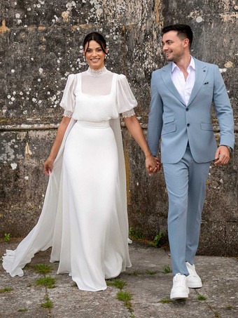 シンプルなウェディングドレス ボールガウン ジュエルネック 半袖 フリル 30cm ブライダルガウン