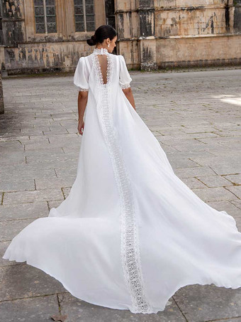 シンプルなウェディングドレス ボールガウン ジュエルネック 半袖 フリル 30cm ブライダルガウン