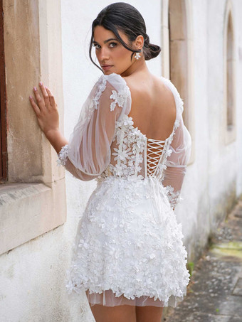 ショートウェディングドレス ツーピース Aライン 7分袖 チュール Vネック ブライダルドレス