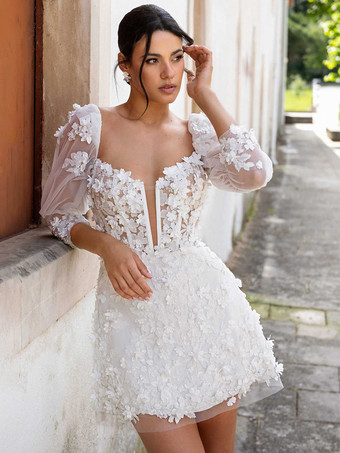 ショートウェディングドレス ツーピース Aライン 7分袖 チュール Vネック ブライダルドレス