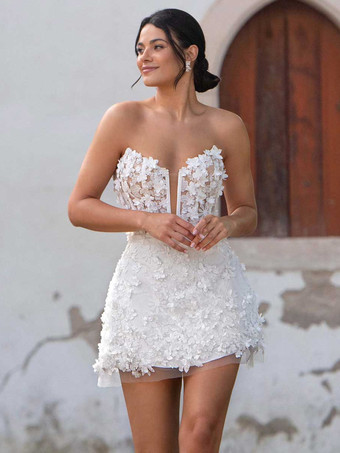 ショートウェディングドレス ツーピース Aライン 7分袖 チュール Vネック ブライダルドレス