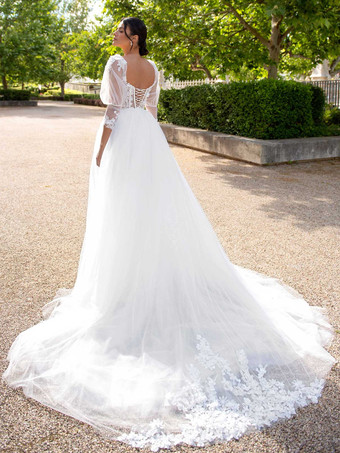 ショートウェディングドレス ツーピース Aライン 7分袖 チュール Vネック ブライダルドレス