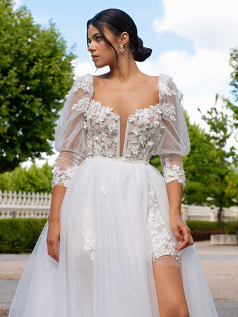 ホワイトショートウェディングドレス ツーピース Aライン 7分袖 チュール Vネック ブライダルドレス