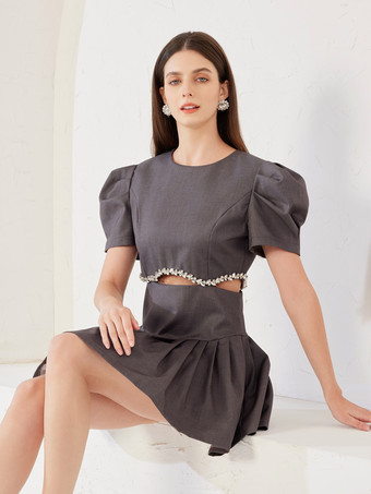 Mini Dress With Rhinestone Decoration Cutout Waist Puff Sleeve Summer Dress For Women 2025