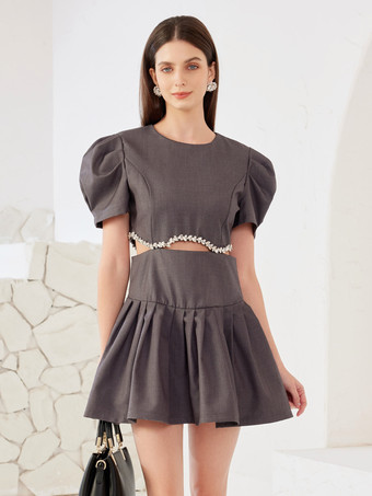 GrayMini Dress With Rhinestone Decoration Cutout Waist Puff Sleeve Summer Dress For Women 2025