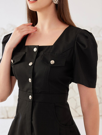 Schwarzes Skaterkleid mit quadratischem Ausschnitt kurzärmligem Plissee-Minikleid für Damen 2025