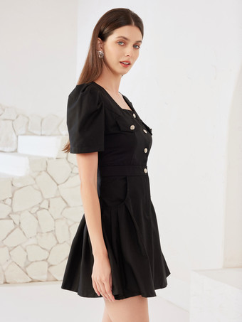 Schwarzes Skaterkleid mit quadratischem Ausschnitt kurzärmligem Plissee-Minikleid für Damen 2025